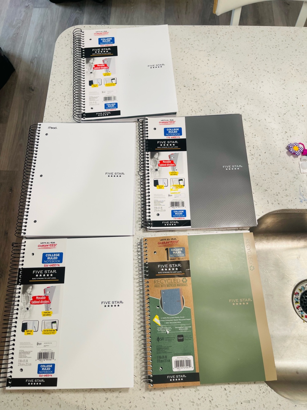 Five Star Lot of 5 College Ruled Spiral Notebooks Letter 8.5 x 11 Solid